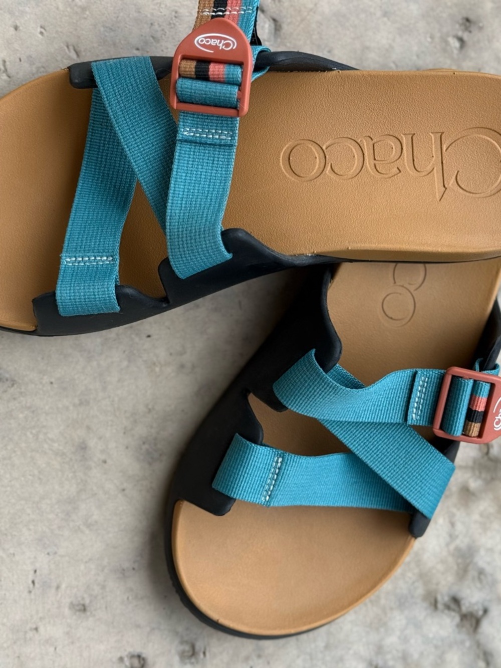 Chaco Chillos M 10/W 12 Teal Cross-Strap Slide Sandals Brown and Black Footbed - Picture 7 of 8